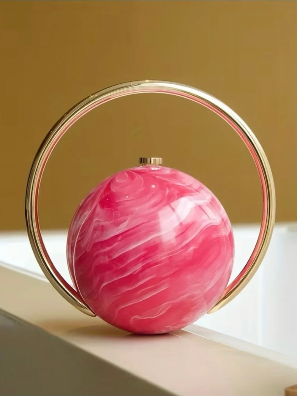 Round Pink Marble Resin Orb Clutch with Gold Handle